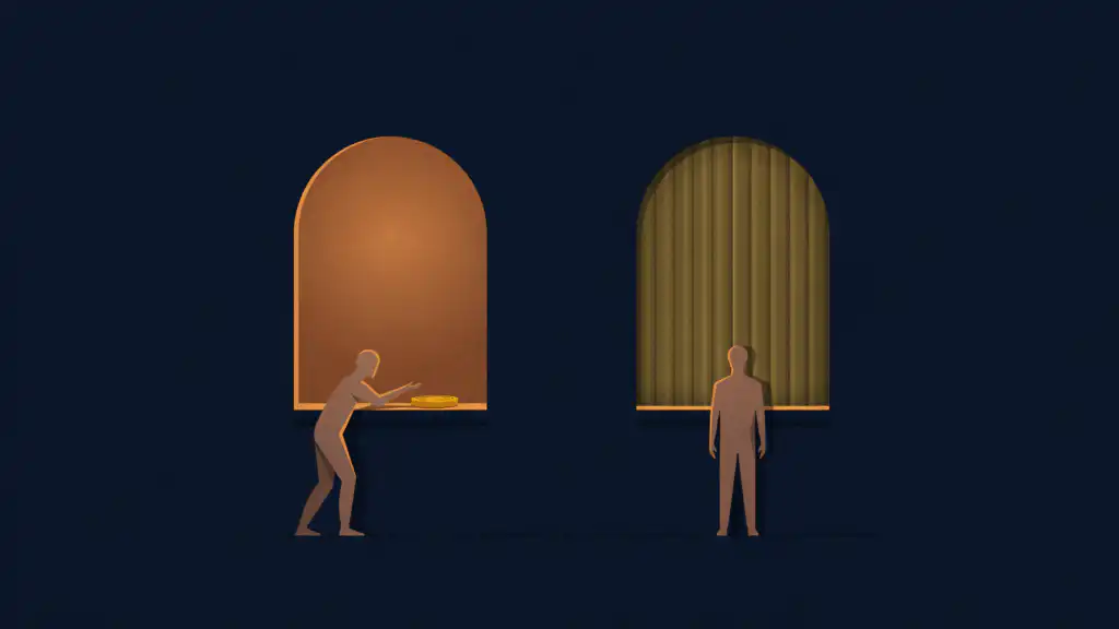 Two arched openings, the left one lit with a gold coin on its ledge and the right one closed behind pleated shutters.