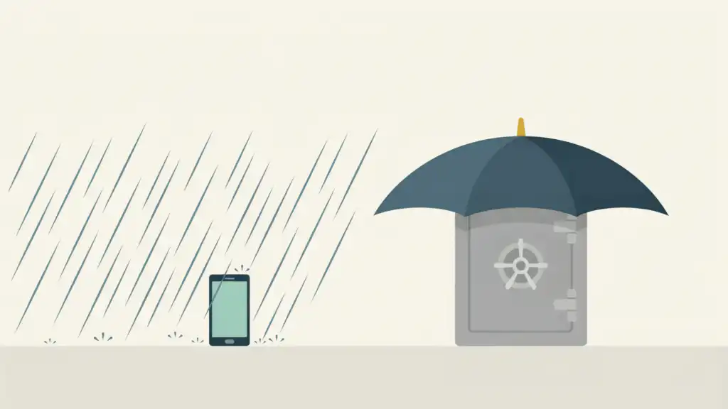 An umbrella keeps a bank vault dry while a smartphone stands in the rain, as FDIC insurance covers the bank and not the app