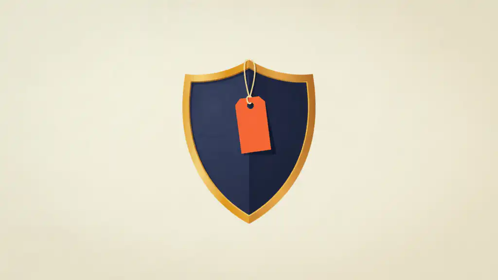 A navy shield with a gold rim and a blank orange price tag hanging from its top edge.