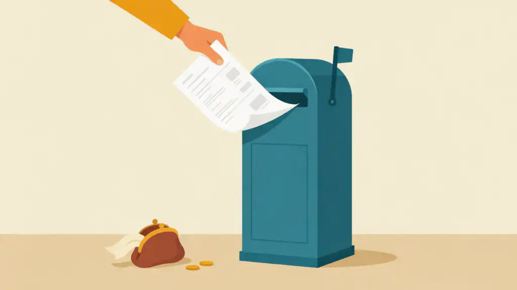 A hand slides a tax form into a teal mailbox beside an emptied coin purse and two loose coins