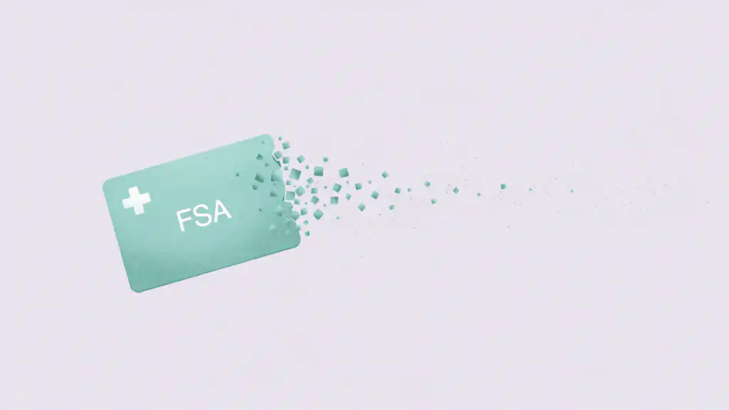 Mint-green FSA card with a medical cross breaking into square flakes that drift away