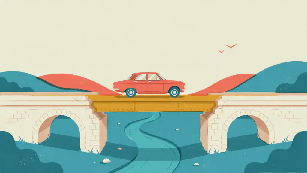 A coral car crossing a yellow steel plank laid over the gap in a broken stone bridge above a teal river