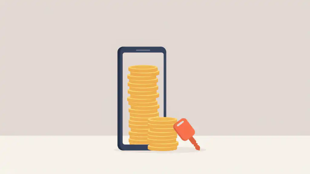 Gig app pay shown as a tall stack of gold coins on a phone screen beside a real coin stack less than half as tall