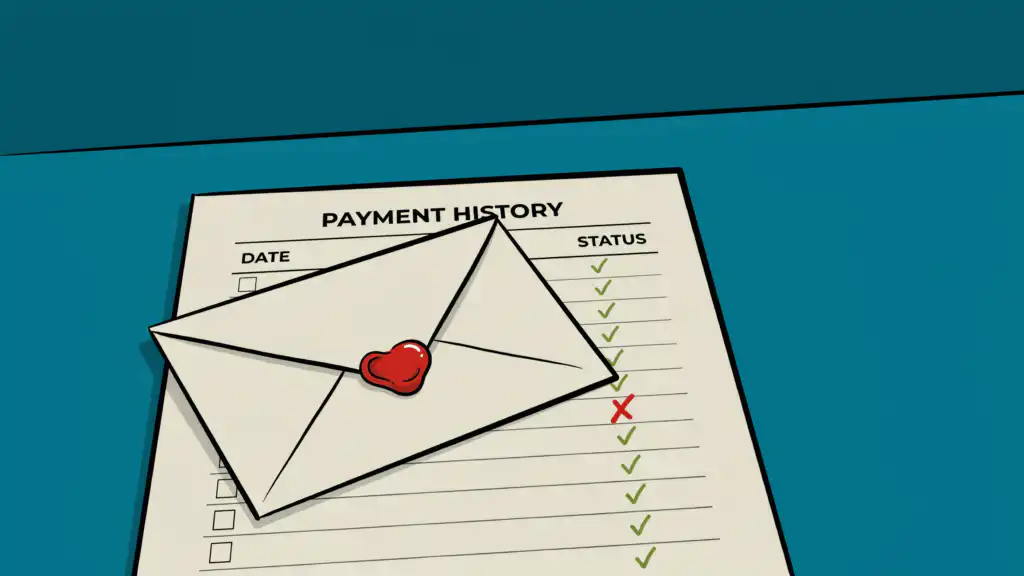 A goodwill letter with a red wax heart seal rests on a PAYMENT HISTORY page showing one red X among green checks