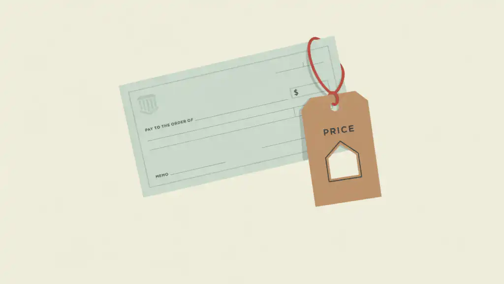 A green paper check with a brown price tag reading PRICE, cut with a house shape and tied on with red string