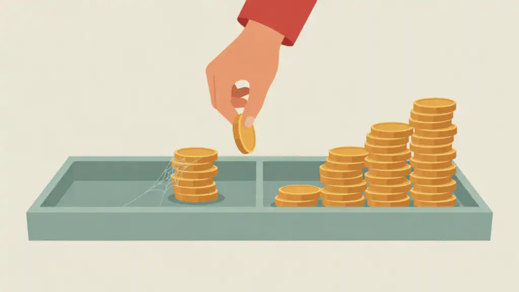 A two-part tray with a cobwebbed coin stack on one side and rising coin stacks on the other, a hand lifting one coin