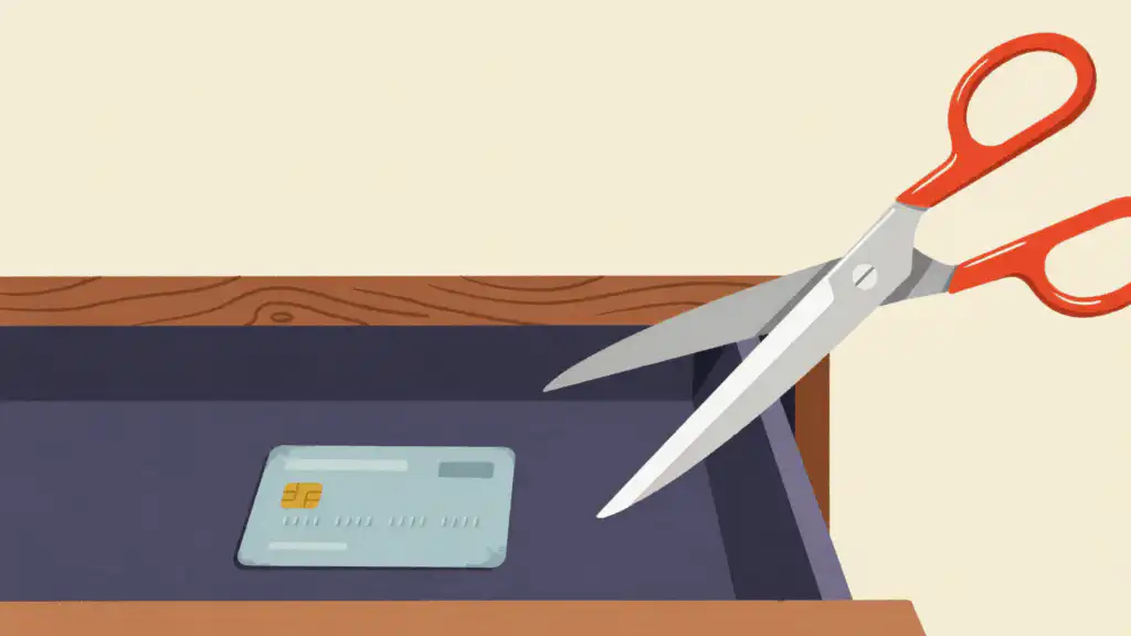 Scissors reaching into a desk drawer toward a forgotten idle credit card