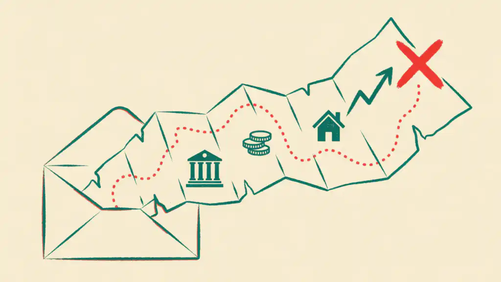 An open envelope spills a treasure map whose dotted red path passes a bank, coins, and a house to a red X