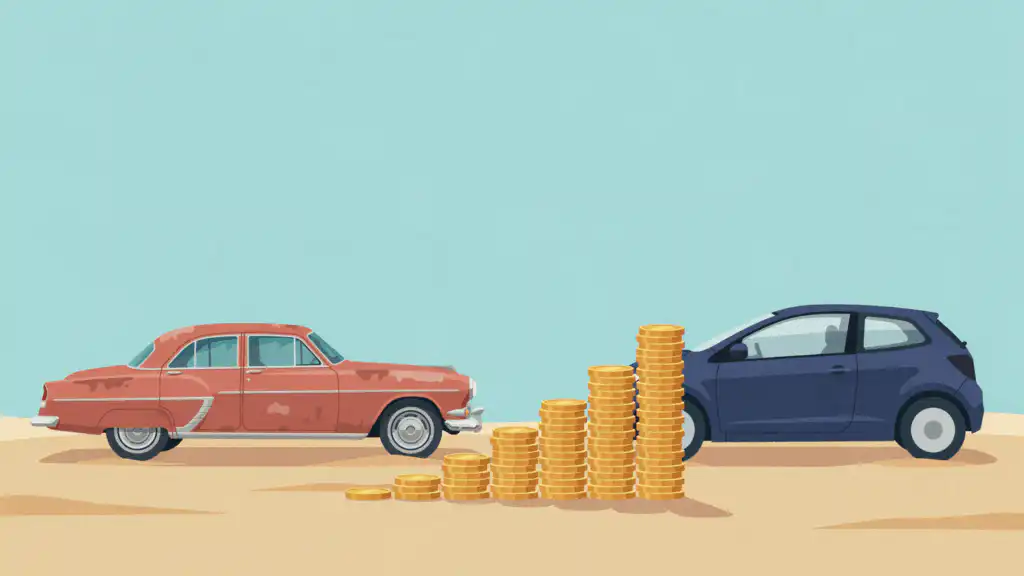 Gold coin stacks climb like stairs from an old terracotta sedan to a newer navy hatchback.