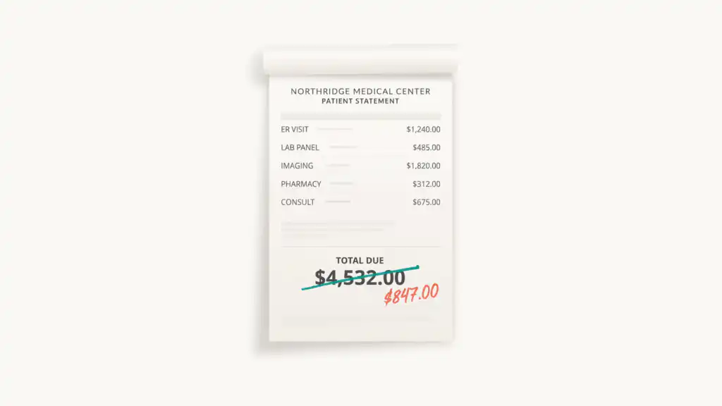An itemized medical bill with its large total crossed out in teal and a smaller amount written beside it in coral.