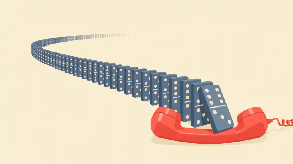 A red telephone handset catches the first of a long row of slate-blue dominoes before the rest can fall.