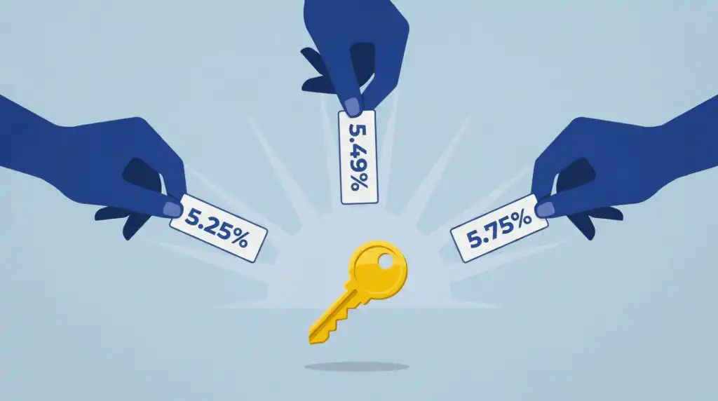 Three hands hold out mortgage rate tags with different percentages toward a single gold house key at the center.