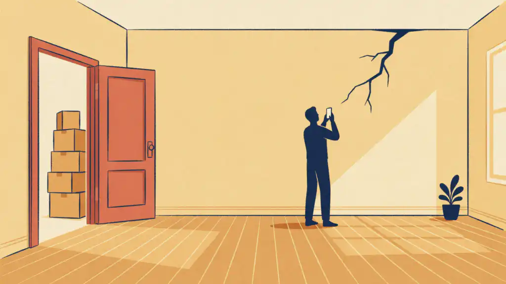 A figure photographs a crack in an empty room while moving boxes wait outside the open front door