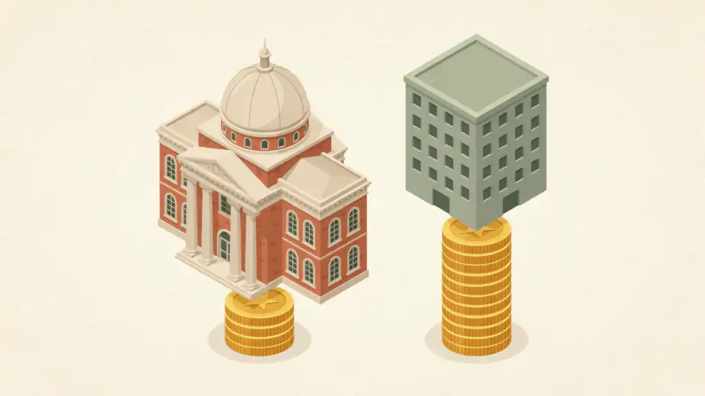 Ornate domed college on a short stack of gold coins beside a plain building on a much taller stack
