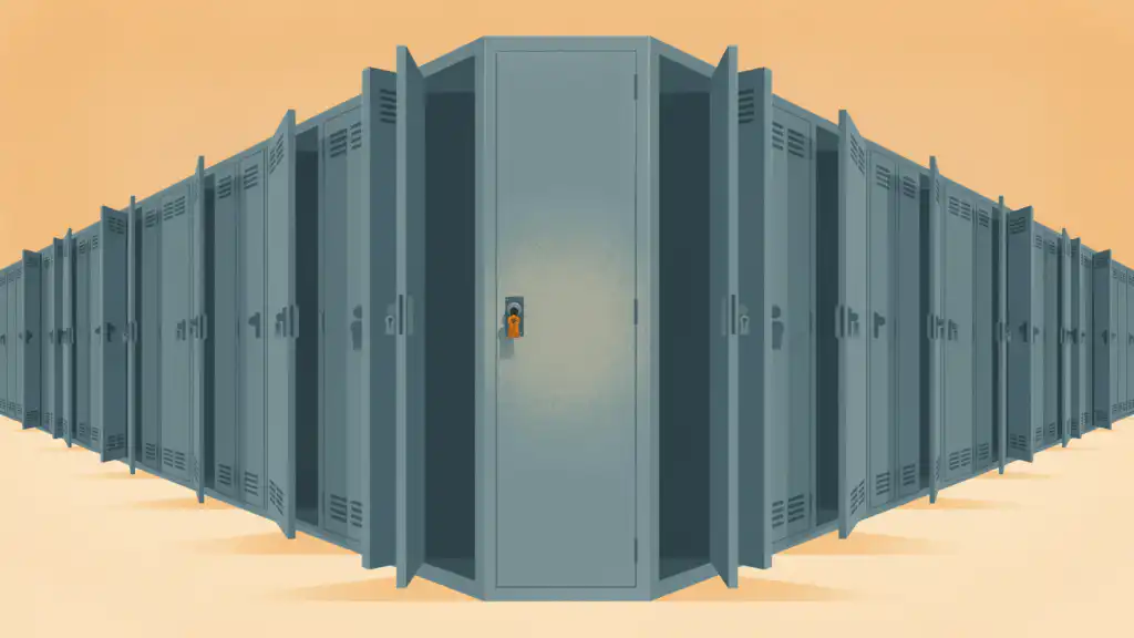A row of employee lockers standing open and empty, with the one at the centre still locked and dusted over.