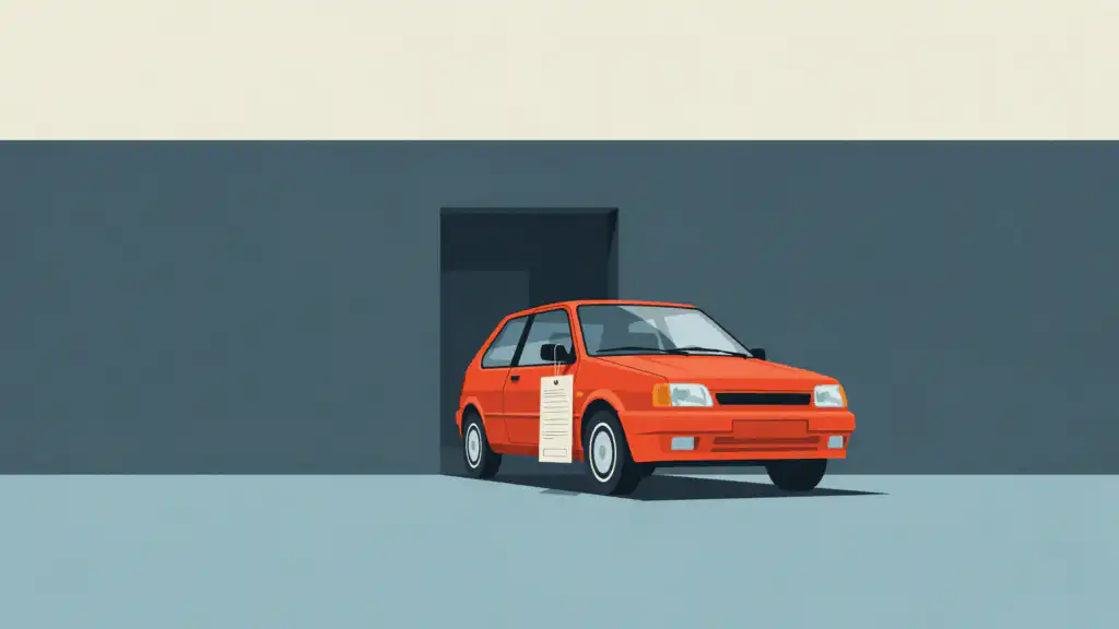 An orange hatchback rolls out of an open doorway with a long itemized price tag hanging from its side mirror