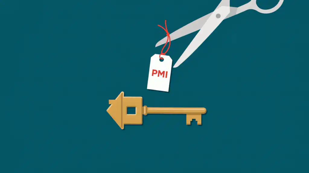 Silver scissors hold a snipped red PMI tag above a brass key shaped like a house.