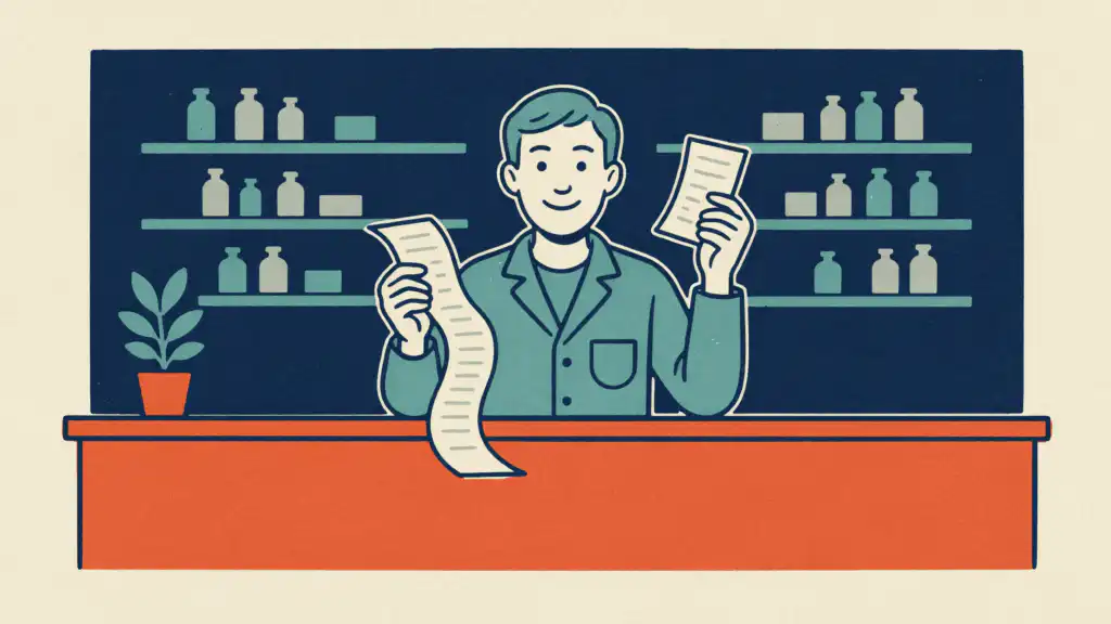 A stylized pharmacist behind a counter holds up two prescription receipts, one long and curling and one short.
