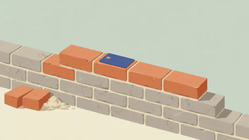 A blue credit card laid on a brick wall being rebuilt with new terracotta bricks over cracked gray ones.