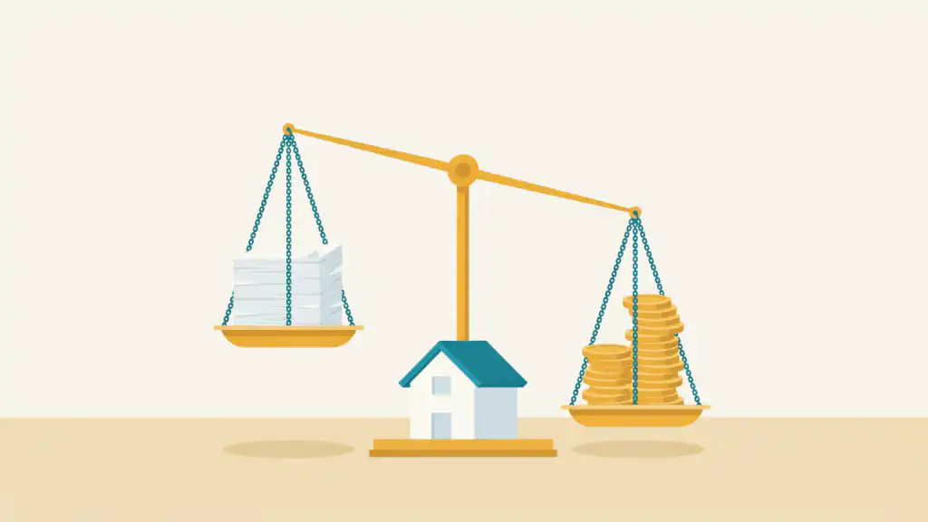 A balance scale rising from a small house tips toward stacks of gold coins and away from a pile of refinance paperwork.