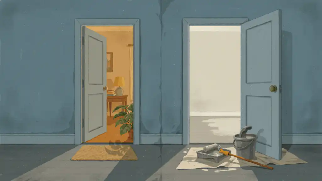 Two apartment doors side by side, one open on a lamp-lit home and one on an empty room with paint supplies at its door