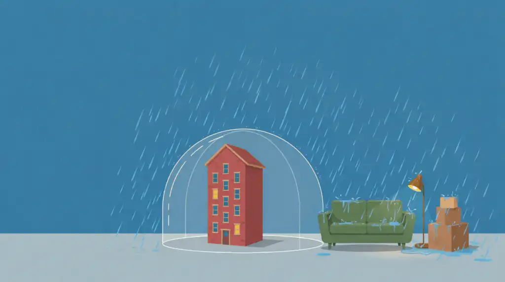 A glass dome shelters an apartment building while a sofa, a floor lamp and moving boxes sit outside it in the rain.