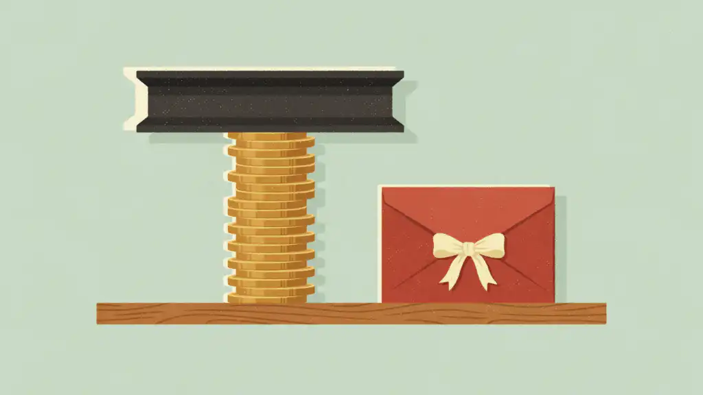 Salary cap shown as a gold coin tower pressed under a steel beam, with a red signing bonus envelope tied in a cream bow