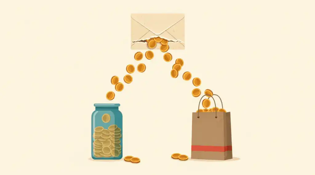 Gold coins pour from a torn envelope and split evenly between a teal glass savings jar and a kraft shopping bag.