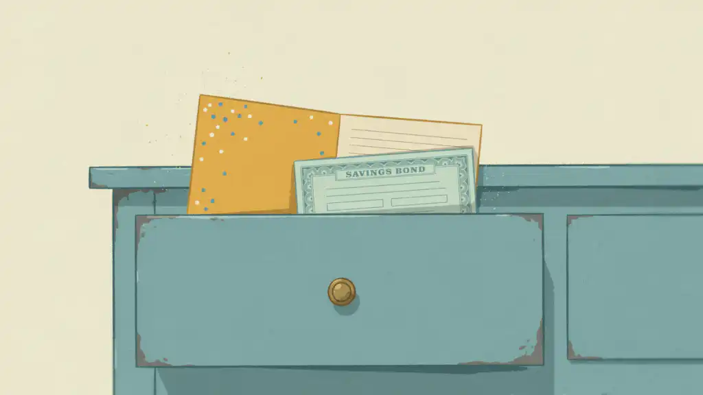 A certificate reading SAVINGS BOND tucked in a confetti greeting card in an open dresser drawer