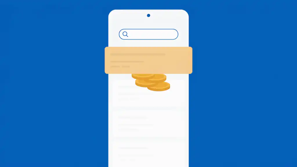 A smartphone search results screen with the top result card highlighted in amber and a pile of gold coins beneath it.