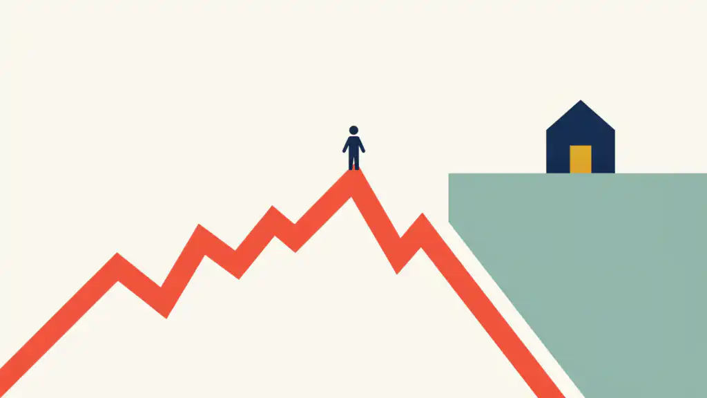 A small figure stands on the peak of a red stock chart line that plunges just short of a house on a cliff
