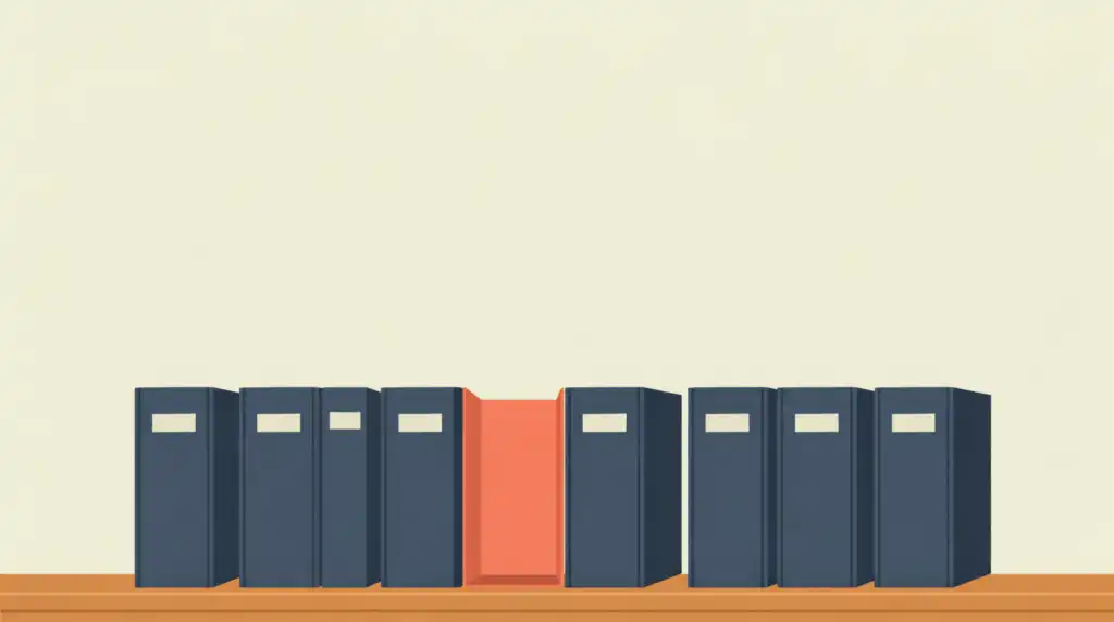 A row of navy record binders on a wooden shelf with one empty coral-lined slot near the middle
