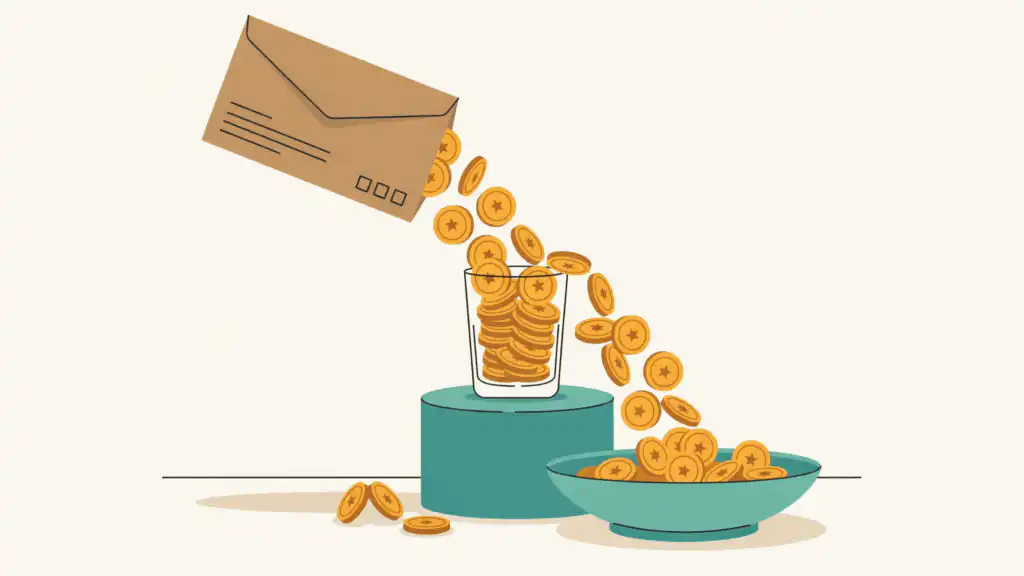 Gold coins pour from a pay envelope into a small glass that fills first and spills over into a wide teal bowl below