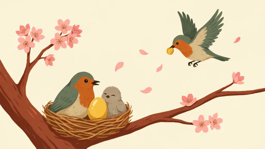A robin carries a gold coin to its mate sitting in the nest beside a fluffy chick and a golden nest egg