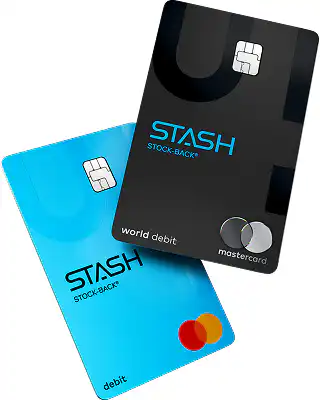 Stash Stock-Back debit cards in black and blue