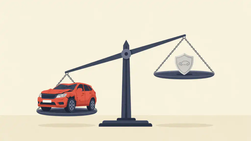 Balance scale tipped by a crumpled SUV that outweighs a small car insurance shield