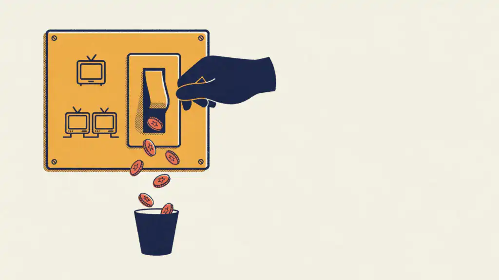 A hand flips a wall switch beside a one-TV icon and a two-TV icon as copper coins drop into a small cup.