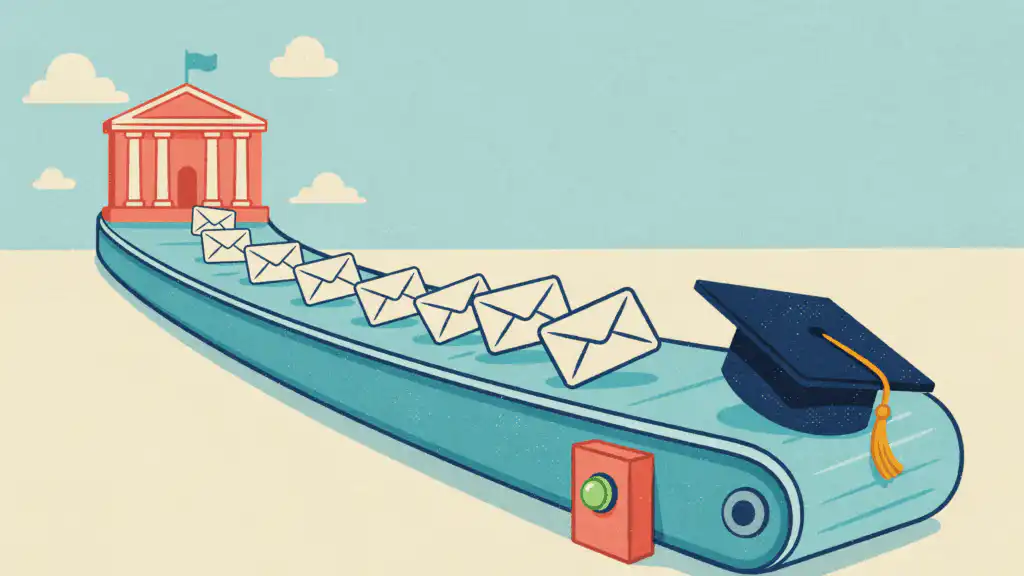 Envelopes ride a teal conveyor belt from a coral columned bank to a navy graduation cap, a green button on the belt's side.