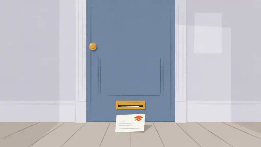 An unopened student loan notice with a graduation cap seal lies on the floor inside the front door of an empty home
