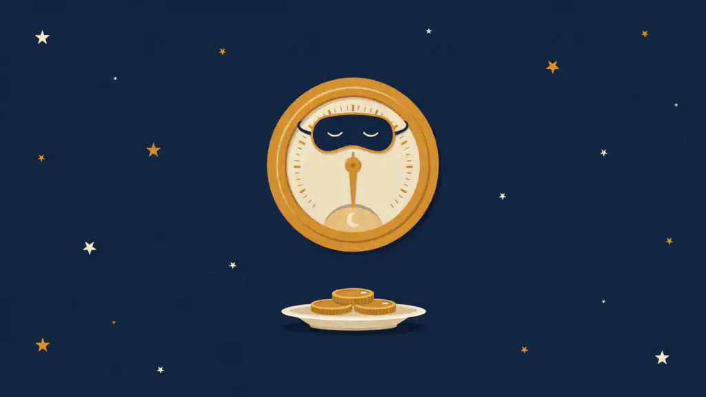 A round thermostat in a sleep mask, its needle turned down to a crescent moon, above a plate of three gold coins.