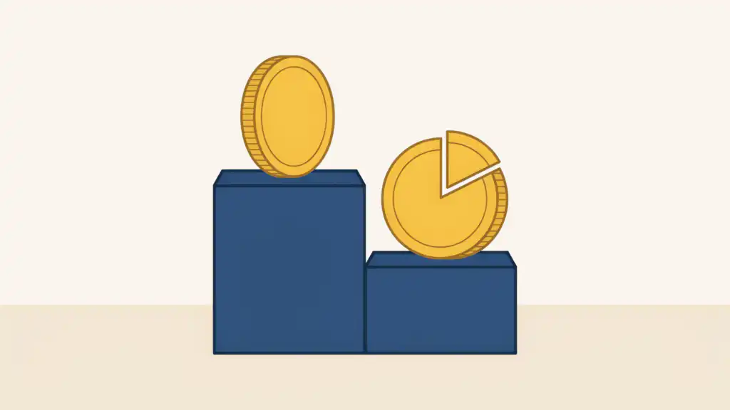 A whole gold coin on the top step of a navy podium above a gold coin with a wedge pulled out