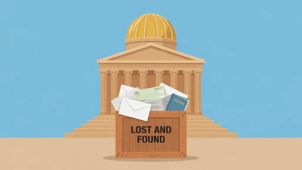 A lost and found crate full of envelopes, a check and a bank passbook sits at the foot of a domed state capitol's steps.
