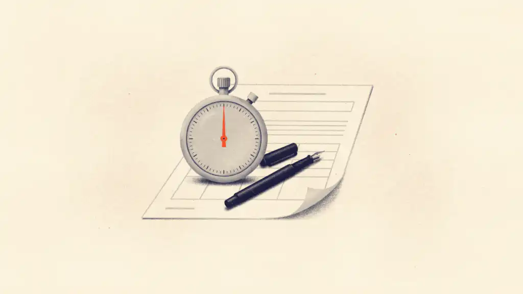 Stopwatch with a red hand resting on a claim form beside an uncapped navy fountain pen