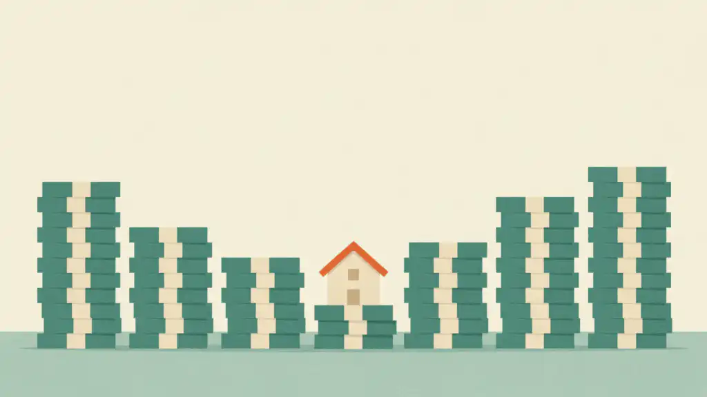 A small house sitting on top of the shortest of seven uneven stacks of cash bundles