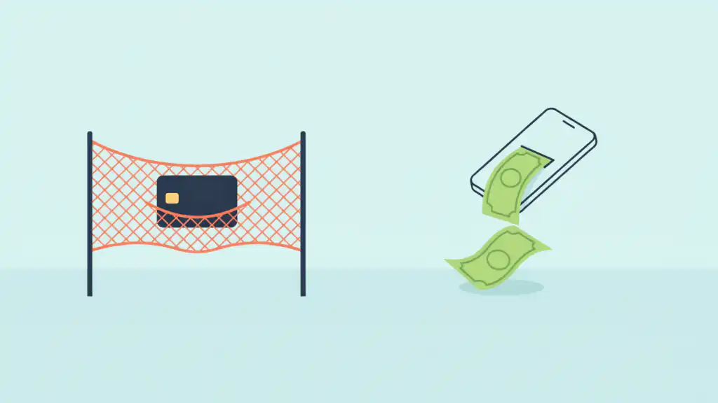 A credit card is caught in a safety net while banknotes slip out of a phone and drop to the ground.