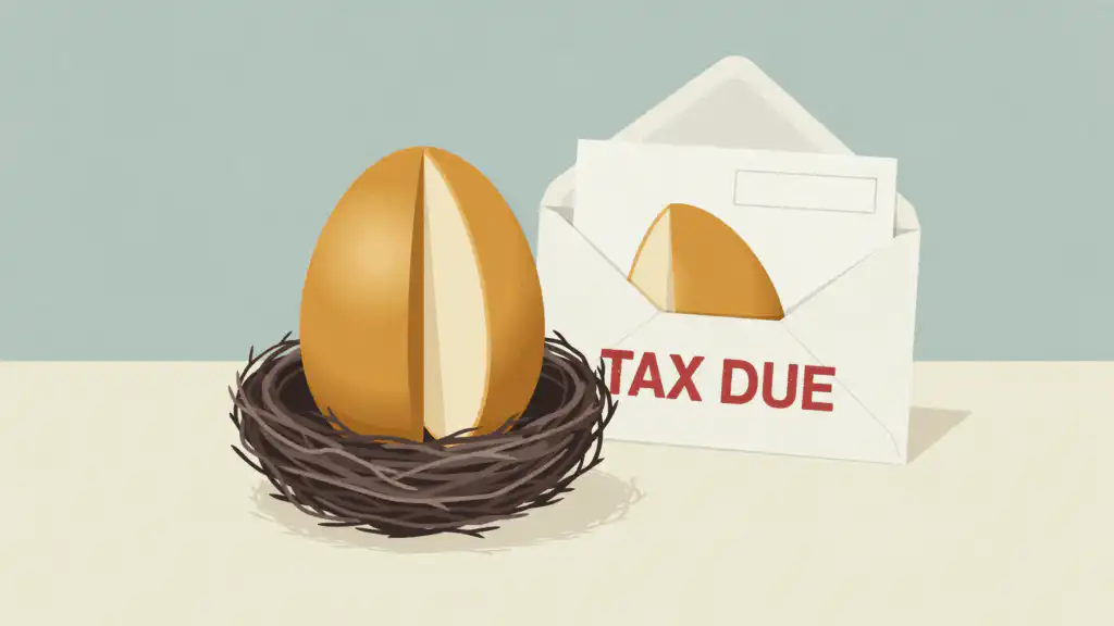 A golden nest egg with a wedge cut out, the slice tucked inside an envelope stamped TAX DUE