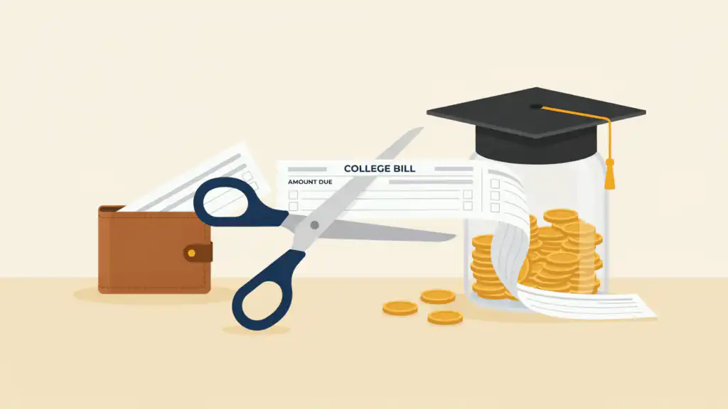 Scissors split a bill reading College Bill between a wallet and a coin jar topped with a graduation cap