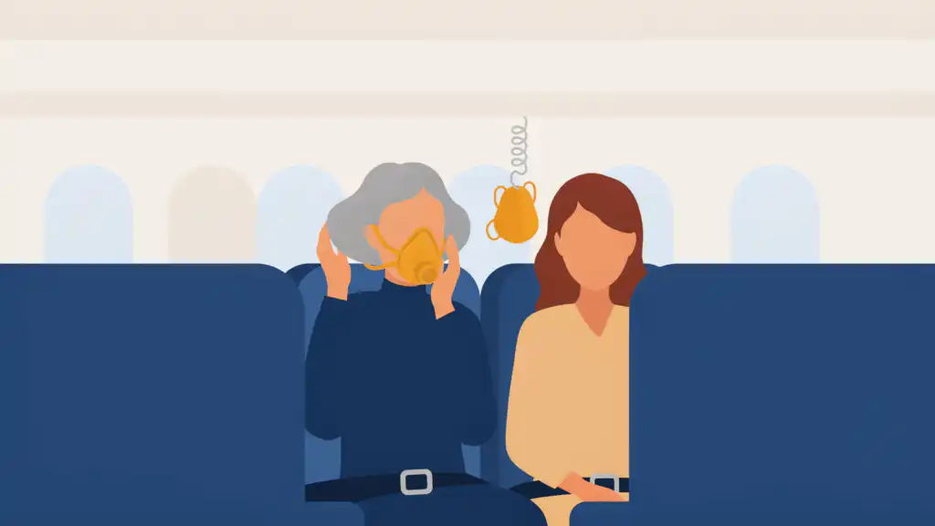 A gray-haired parent holds an oxygen mask to her face while a second mask dangles between her and her grown daughter