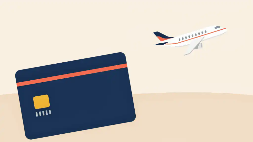 Navy airline credit card with a coral stripe matching the livery of a passenger jet climbing behind it