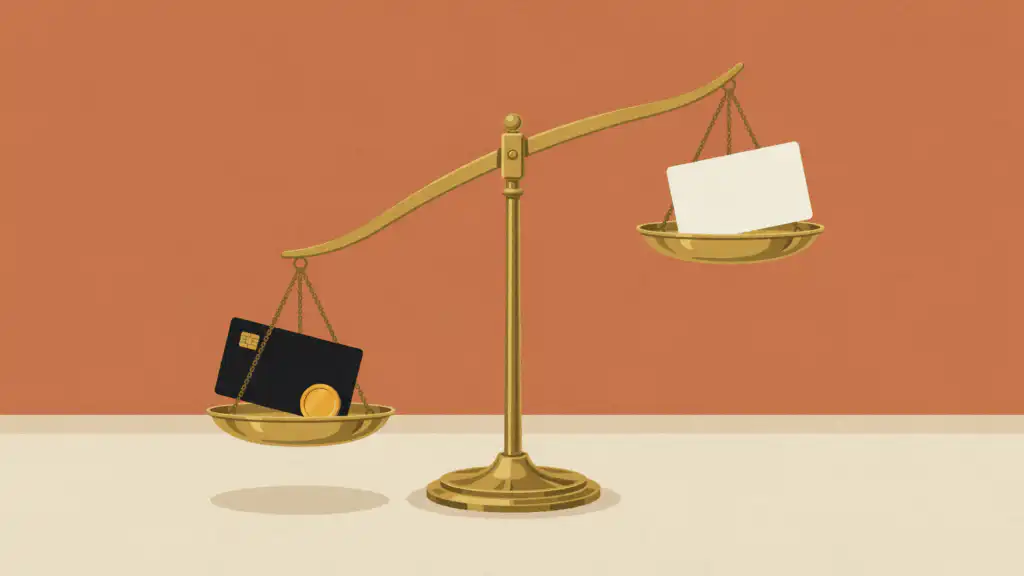 A black annual fee card and one gold coin outweigh a plain white card on a brass balance scale